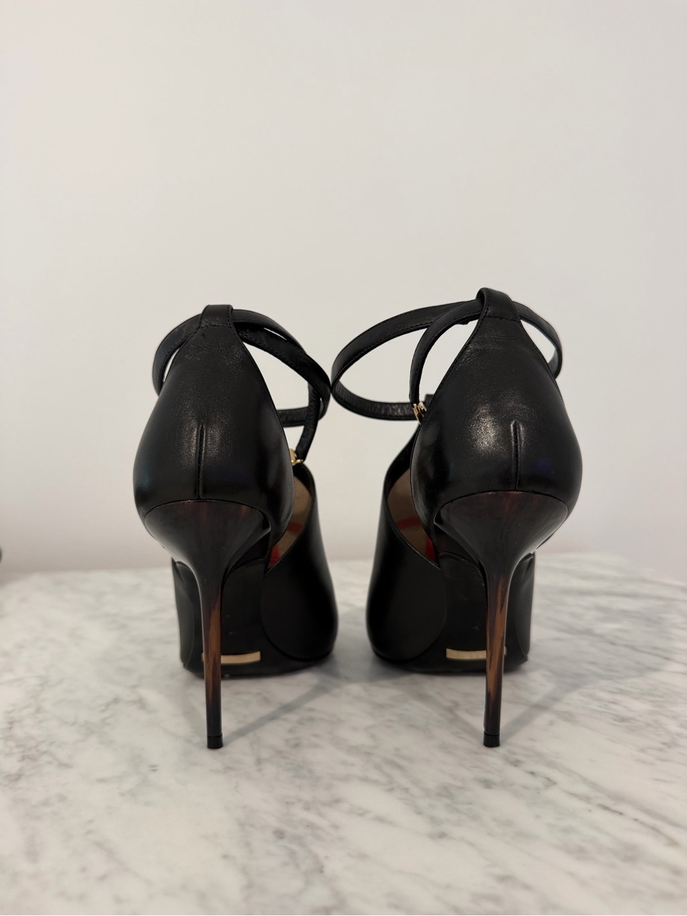 Burberry Black Peep-Toe High Heel Ankle Strap Pumps with Gold Accent 100 - Picture 3 of 8